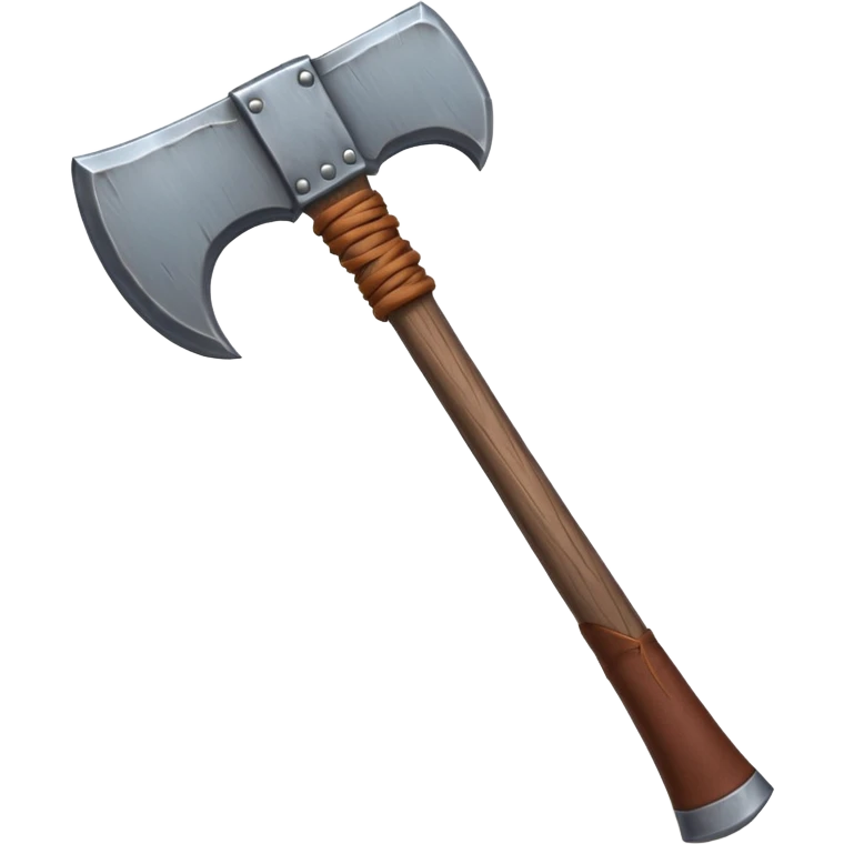 barbarian axe object icon, huge double-bladed axe, rough metal, wooden handle, leather wraps, fantasy style, 3D cartoon, mobile game icon style, centered, clean background, soft shadow, no text, no watermark
 emoji