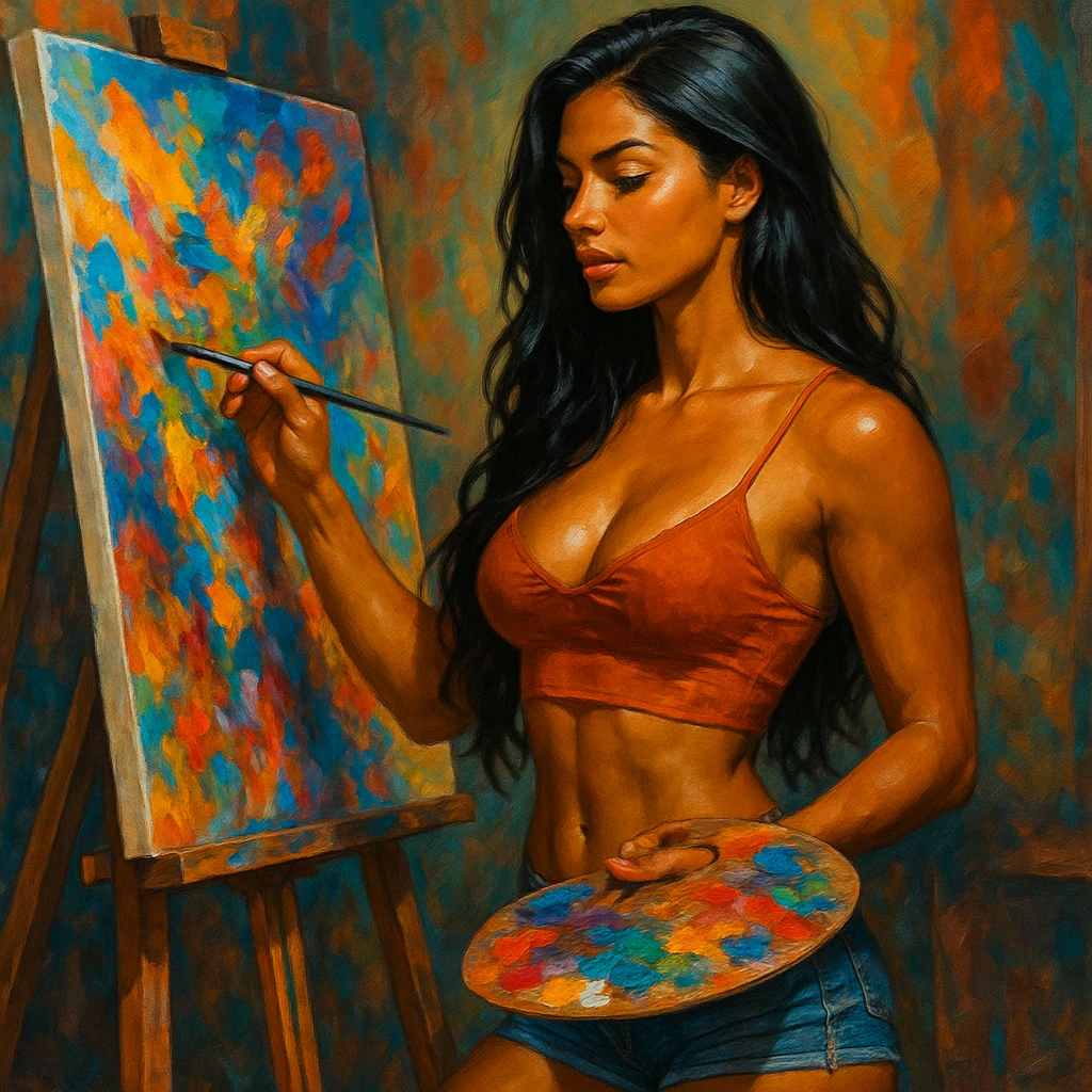 sexy tanned woman artist with long black hair, painting a masterpiece at an easel, holding a paint palette and brush, vibrant colors, in general style emoji