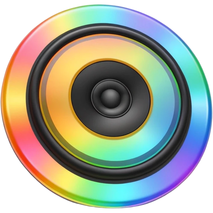 A speaker emoji 🔊 with a smooth CD-like surface that reflects rainbow iridescent colors, glowing RGB light ring around the edge, shiny plastic body, prismatic reflections shifting across the front, soft sparkles and light gleams, holographic sheen, clean simple shape, bright colorful highlights emoji