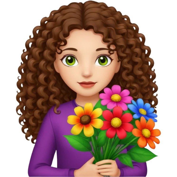 light skinned brunette long curly haired girl with green/hazel eyes holding big bright bunch of flowers. White background. emoji