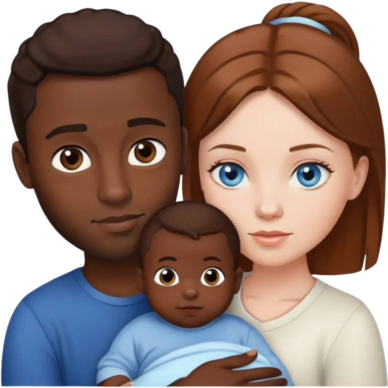 White woman with blue eyes and brown hair with black man and a baby boy emoji