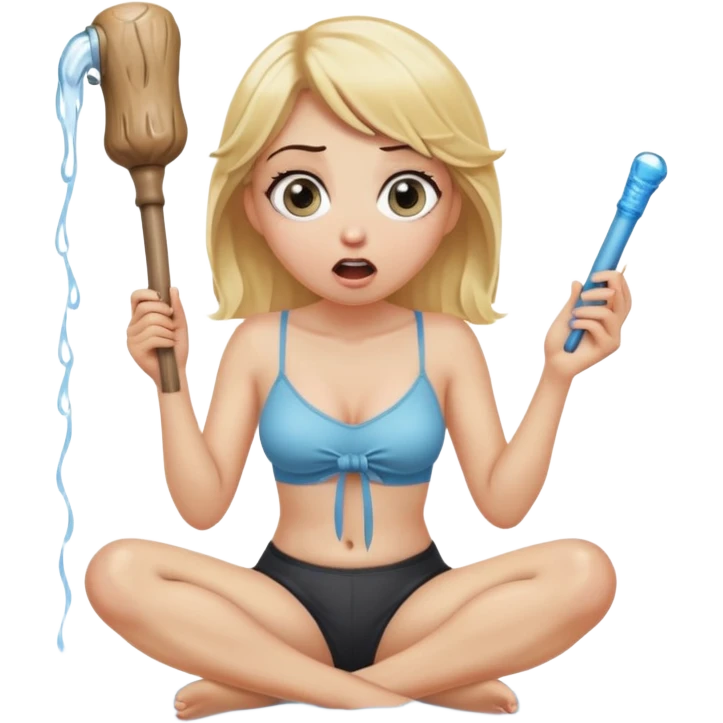 blond woman sitting on her knees with wide eyes, next to her pants are hanging, she's holding a wide skin-colored stick with a D-shaped knob, the stick and the nob have skin texture, water squirting from the knob into her mouth, shocked face emoji