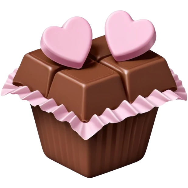 Two square milk chocolate , Each praline is a sharp-edged cube with smooth glossy chocolate coating, placed in a small white fluted paper candy cup. On top of each cube is a flat pastel pink heart-shaped icing emoji