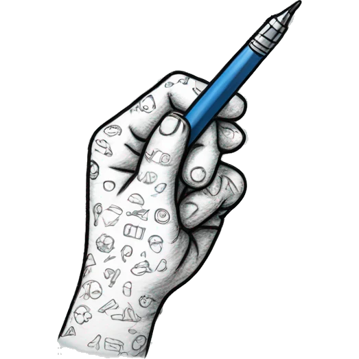 a hand with dawings an doodles onit with a pen emoji
