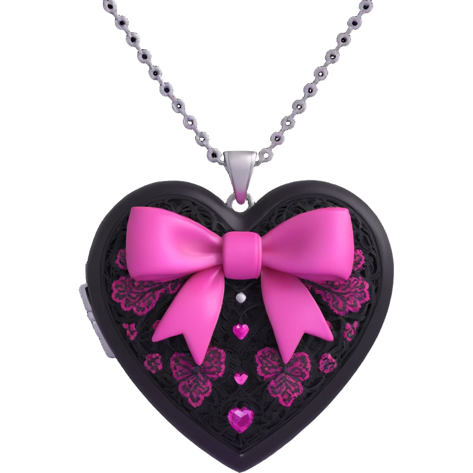 3D emoji style pink bow with gothic effect, black lace overlay, silver heart locket charm, and magenta gemstone emoji