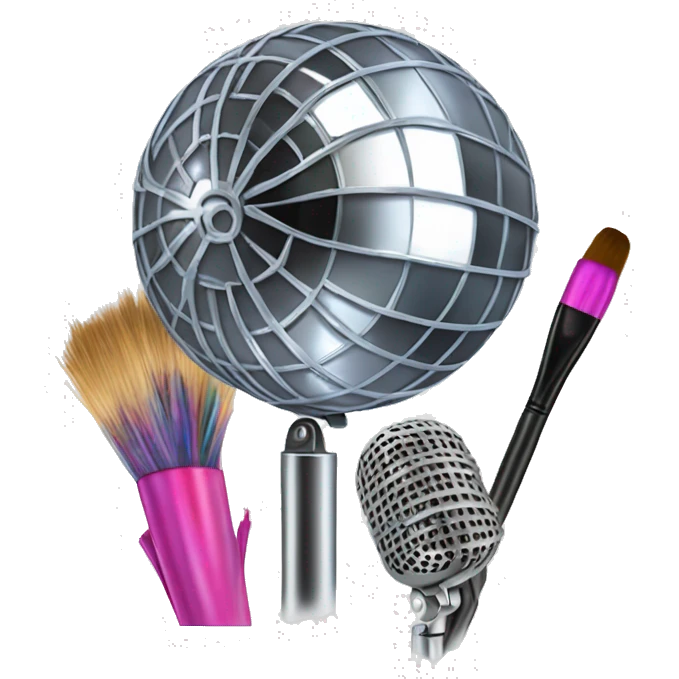 A disco ball, a microphone and art brushes lie together emoji