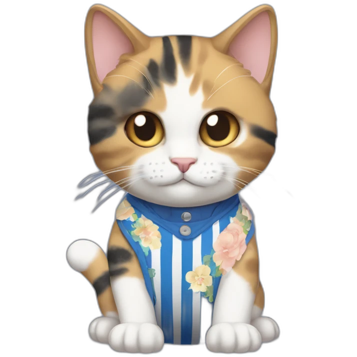 Purradise Meowscles is a buff calico anthropomorphic cat  he has a mullet, a floral designed t shirt that is unbuttoned and blue and white stripped shorts emoji