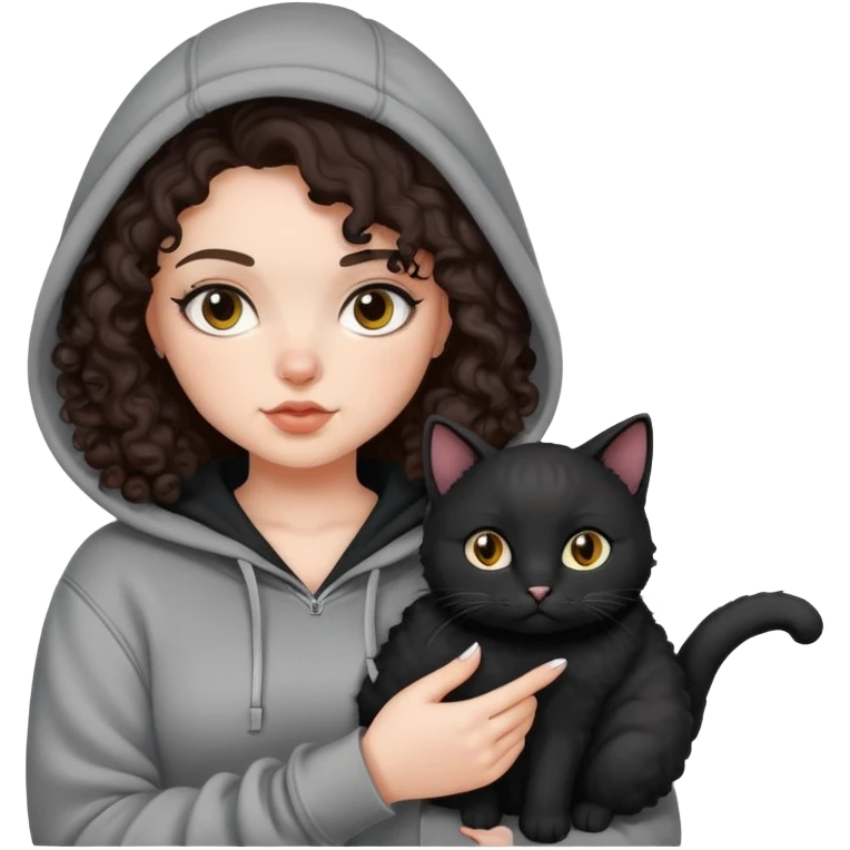 white skin curvy girl with dark brown curly hair in hoodie with black cat on her hand emoji