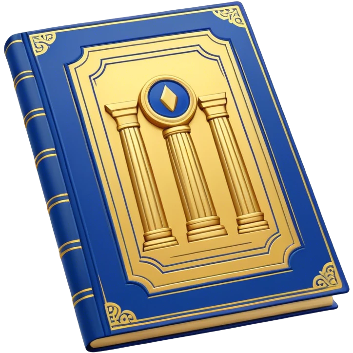 A golden yellow book with royal blue accents, smooth and polished, embossed with a symbol of six pillars, a sun, or a glowing mirror, radiating strength, confidence, and the power of self-worth.  emoji
