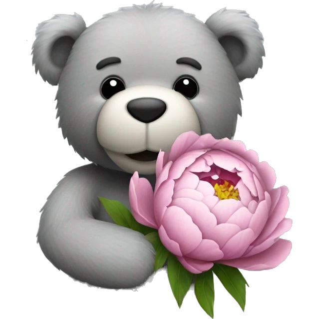 realistic-happy-teddy-grey-bear-hugging-peony emoji