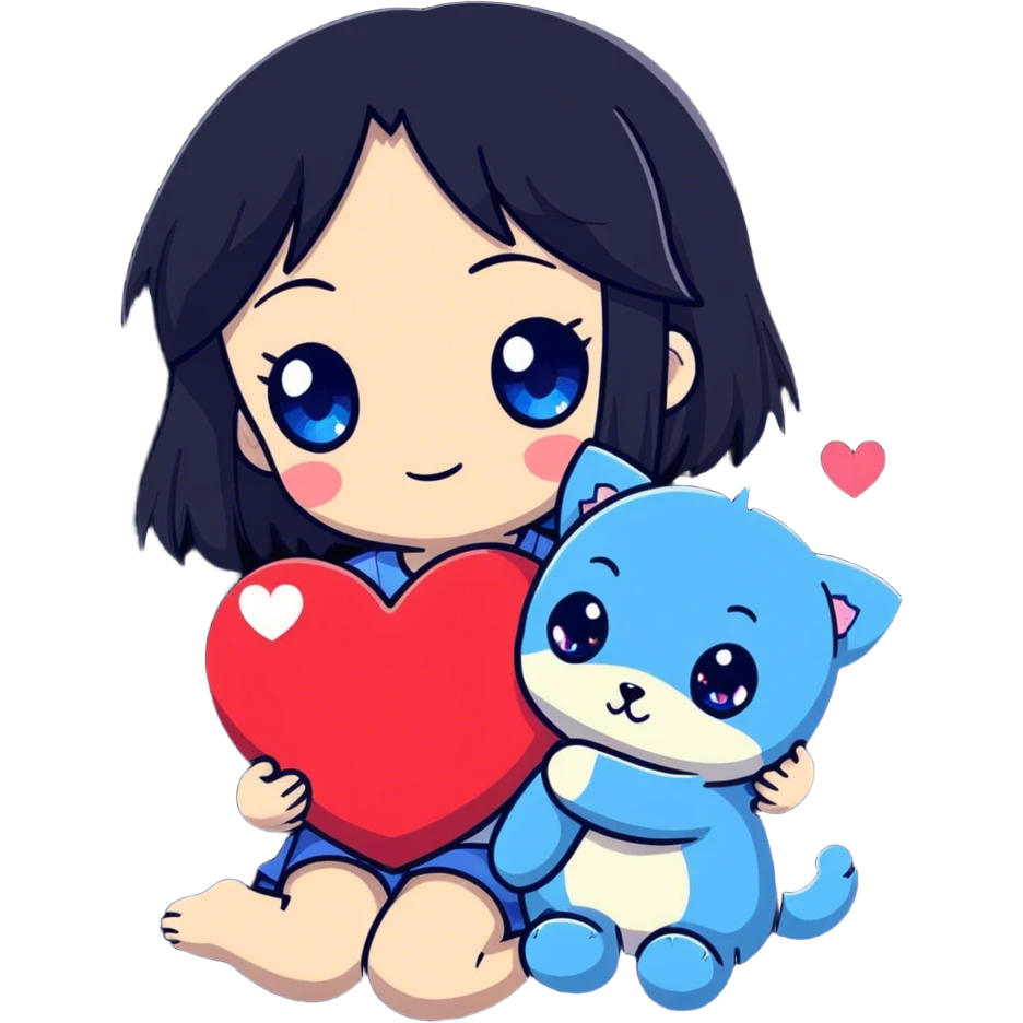 anime girl with black hair and blue eyes cuddling with heart plushie with cute heart pupils really in love  emoji