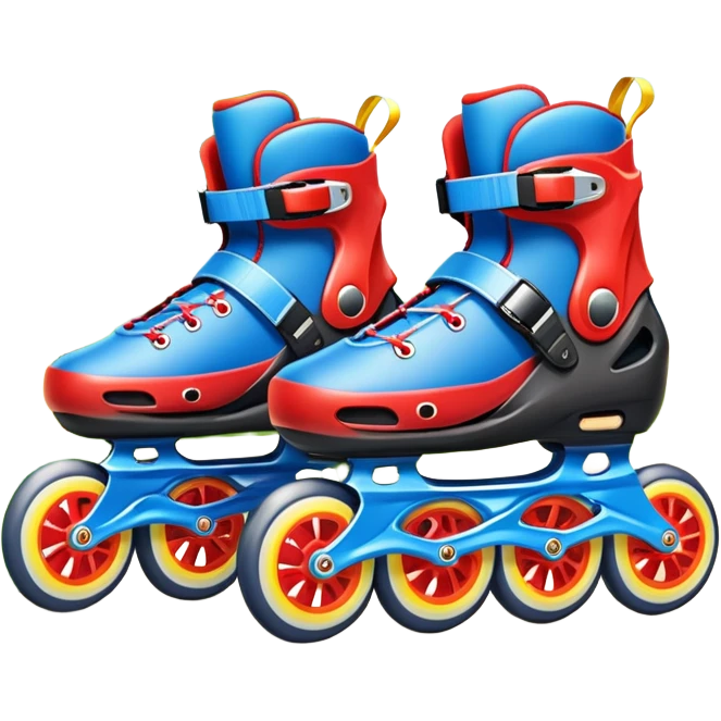 An icon featuring a pair of colorful rollerblades placed on a smooth path. The background showcases a picturesque park with lush greenery, blooming flowers, and a clear blue sky with soft clouds. The bright sunlight adds a cheerful touch to the scene. Transparent background emoji