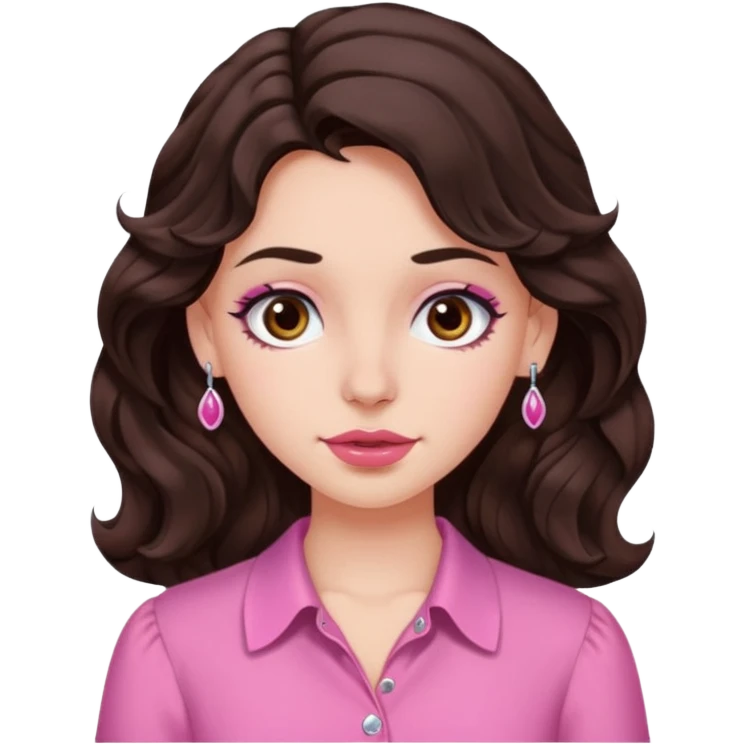 garota branquinha com olhos grandes castanho escuro e cabelo ondulado castanho bem escuro blusa rosinha coquette e piercing do ladinho do nariz  emoji