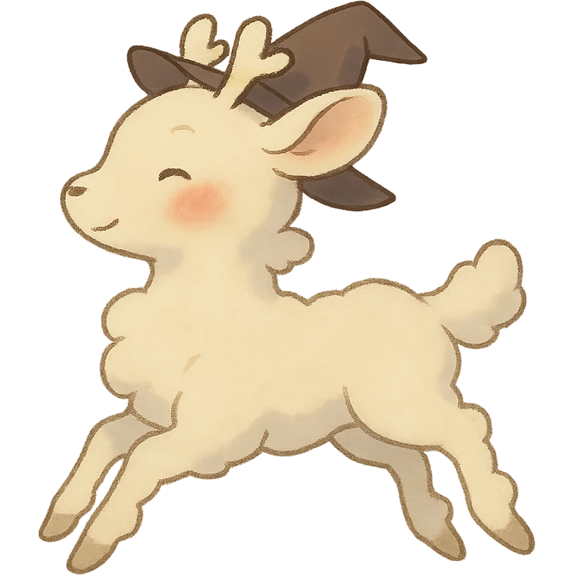 soft vanilla cloud doe with rosy cheeks, floating gracefully like a witch, social media brand mascot, Ghibli style emoji
