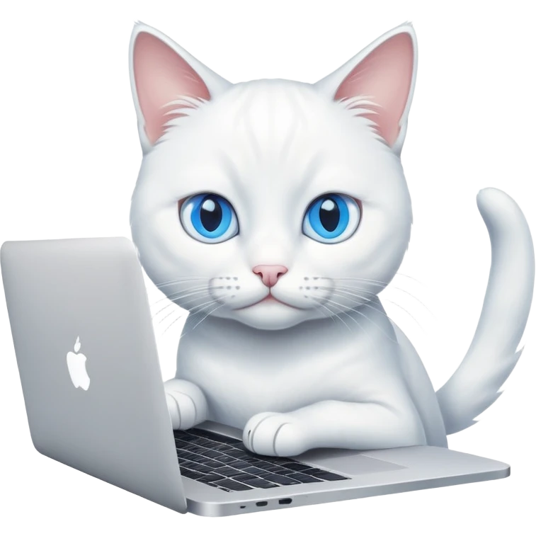 white cat with blue eyes working on a macbook emoji