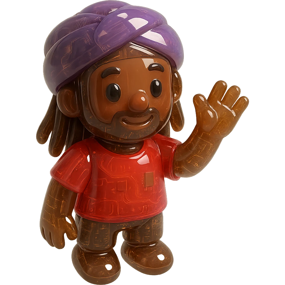 Brownskin man with long brown dreadlocks 
red t-shirt 
purple turban 
expression is waving hello emoji
