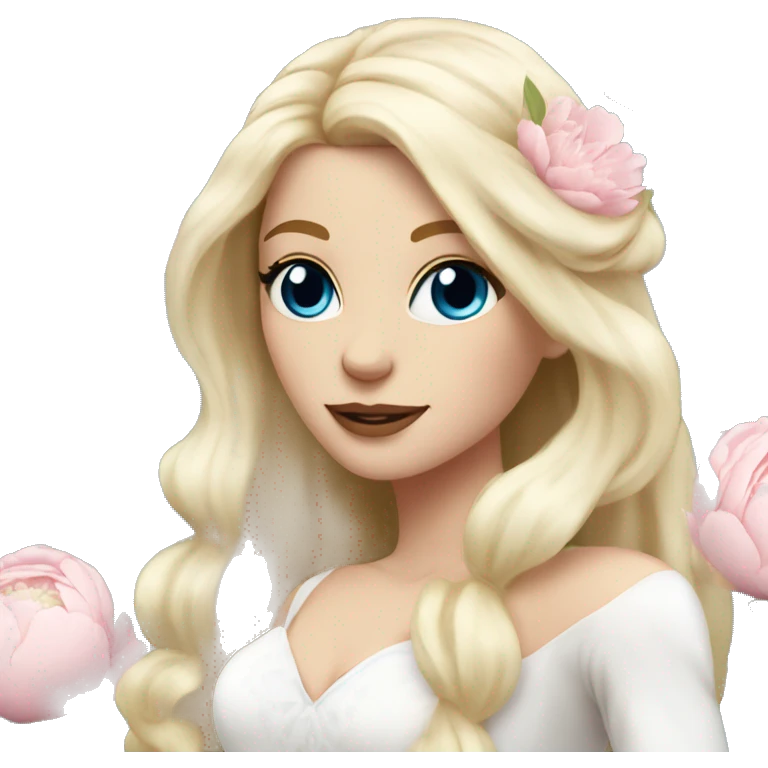 White bride with long light blonde hair and blue eyes with light pink peonies in hair white skin  emoji