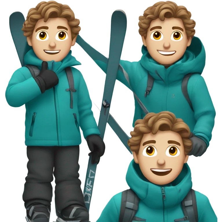 white Boy with wavy brown hair skiing on teal skis. He is wearing an all gray coat and black snow pants  emoji