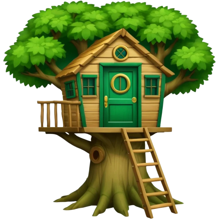 letter W on the side wall of a treehouse with an emerald green door, in a tree emoji