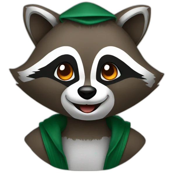 brown raccoon with orange eyes and a dark green hood that is laughing emoji