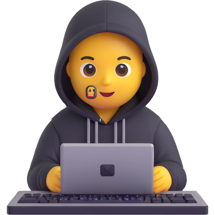 security engineer emoji, with a hoodie, typing on a keyboard, digital code in background emoji