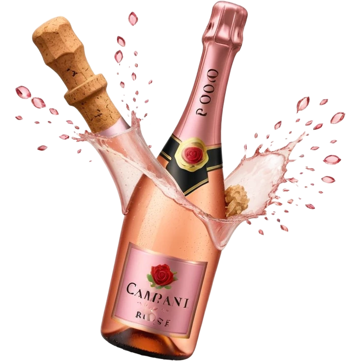 bottle of sparkling rosé champagne with a rose logo on the label, with a cork exploding out from the top, tilted up and to the left, no glass emoji