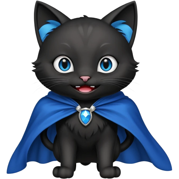 an all black anthropomorphic cat with blue eyes wears an all black cape and is smiling a mischievous sharp tooth grin emoji