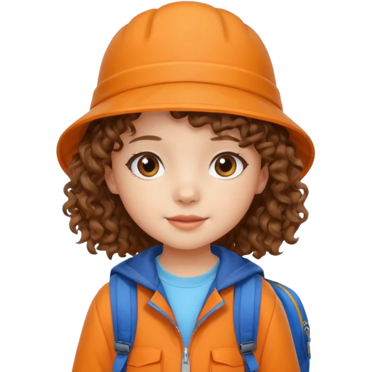 A little girl student curly brown hair, with beige bucket hat, orange jacket, blue backpack emoji