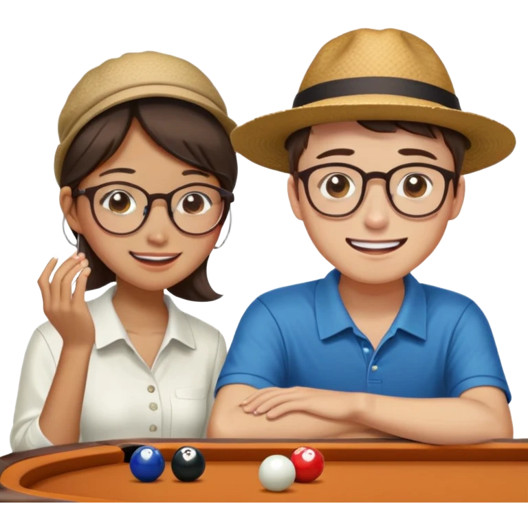Chinese Girl without glasses and young white man with a hat and glasses brown hair playing table pool, the white man is crying because he lost, Chinese girl smiling  emoji