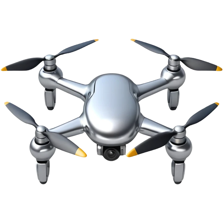 A futuristic drone emoji made of polished silver chrome, smooth rounded body, minimal propellers, reflective metallic surface, soft studio lighting, iOS emoji style, centered, clean white background emoji
