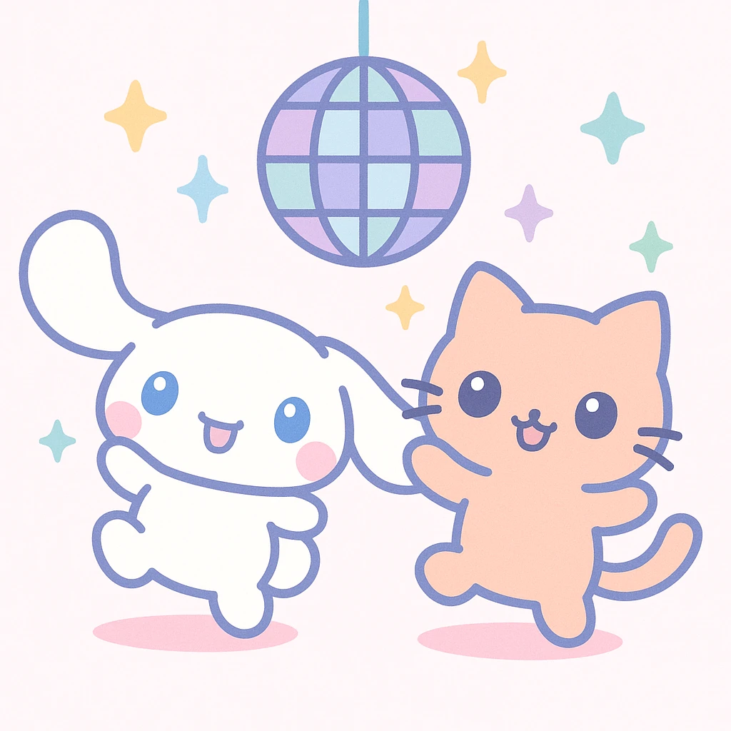 Cinnamoroll and a cat at a disco party, kawaii style, disco ball, energetic poses, vibrant colors emoji