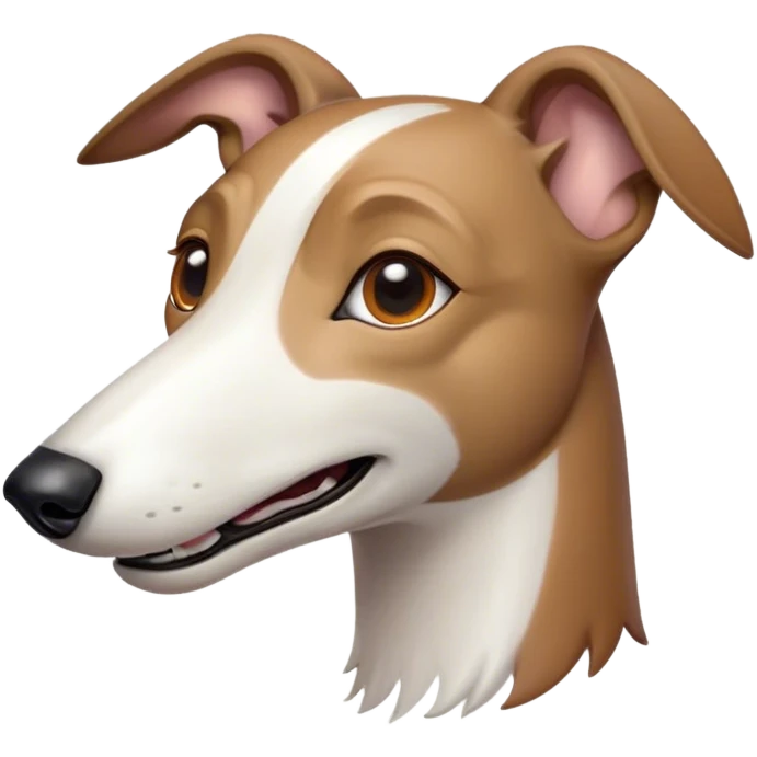 Cinematic Comical White and Brown Greyhound Portrait Emoji, Head tilted dramatically with an exaggeratedly amused expression, featuring a striking white Fur with dynamic brown accents, wide, expressive eyes filled with playful disbelief, Simplified yet hilariously expressive features, highly detailed, glowing with a slightly sassy glow, high shine, dramatic yet playful, stylized with an air of cheeky mischief, bright and endearing, soft glowing outline, capturing the essence of a spirited and over-the-top racer, so meme-worthy it feels like it could side-eye its way into internet fame instantly! emoji
