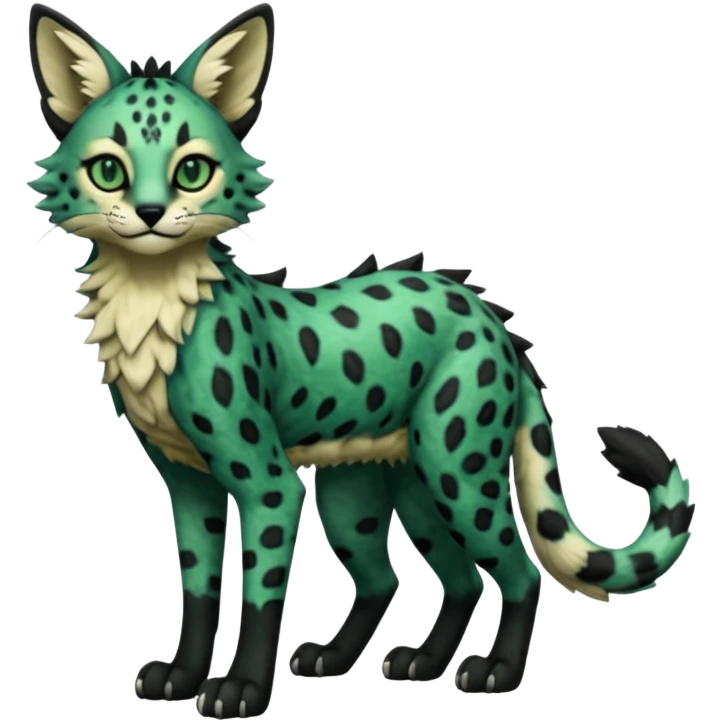 Epic complex detailed dark-hunter-green, black, realistic aesthetic-scenic-Fakémon-Sprigatito-Floragato-Meowscarada-Trico-Sergal-Serval-Vernid-creature (full body) emoji