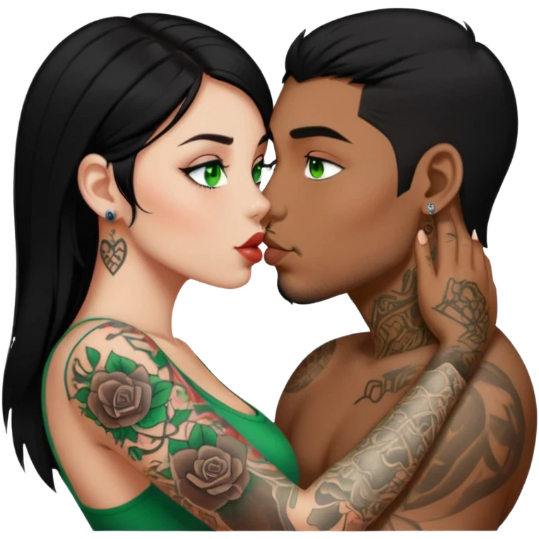 Girl with black hair and green eyes with tattoos kissing guy with dark brown hair emoji