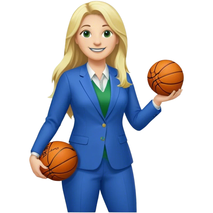 Full Body white plus size female with big nose basketball head coach using a clipboard with long blonde hair in a blue and green suit smiling with basketball and clipboard emoji