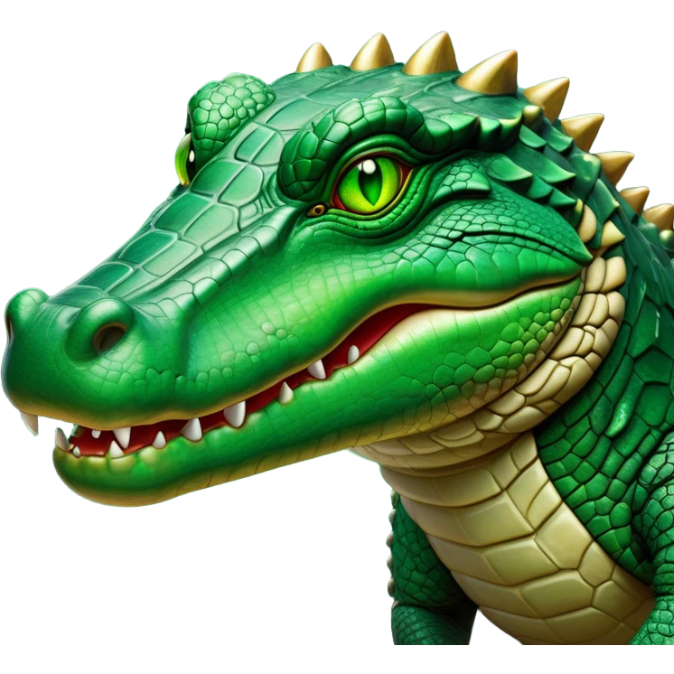 Cinematic Noble Crocodile Portrait Emoji, Poised and regal, with a powerful, elongated build and a rugged, scaly emerald-green hide, piercing cold eyes, Simplified yet sharp and sophisticated features, highly detailed, glowing with a soft, dignified glow, high shine, intelligent and formidable, stylized with an air of ancient might, focused and attentive, soft glowing outline, capturing the essence of a watchful and commanding reptile, so majestic it feels as though it could silently slide out of the screen with effortless authority! emoji