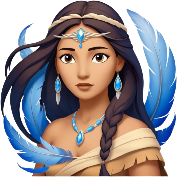 Cinematic Elegant Pocahontas Portrait Emoji, Standing serenely with a blue wind swirl around her, soft feathers in her hair, a tranquil yet powerful gaze, beauty beyond time, an ethereal aura of connection with nature, regal and enchanting! emoji