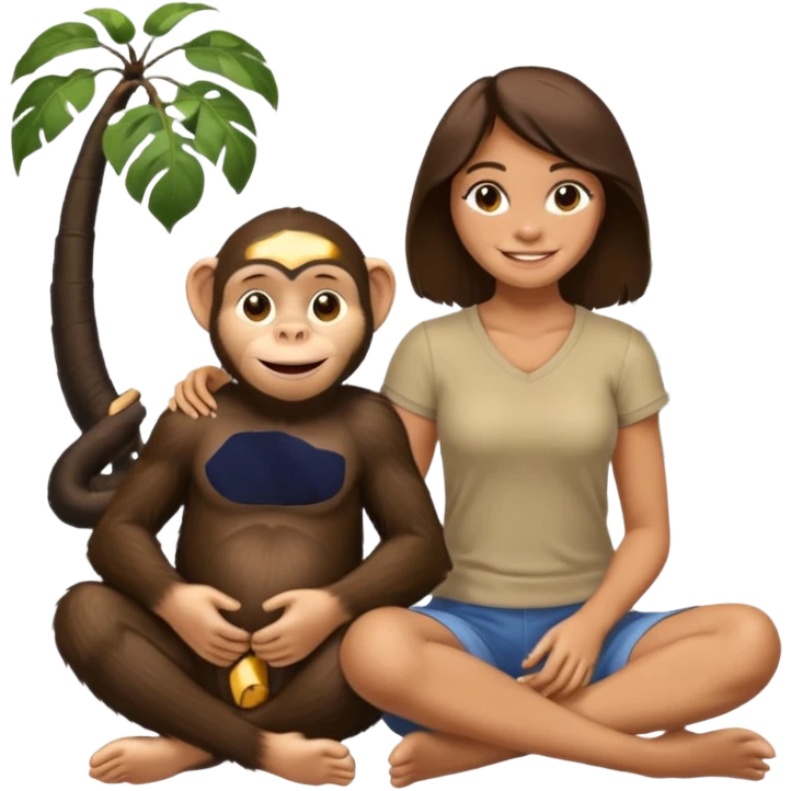 un chiomapnze sentado en el suelo al lado de una mujer emoji