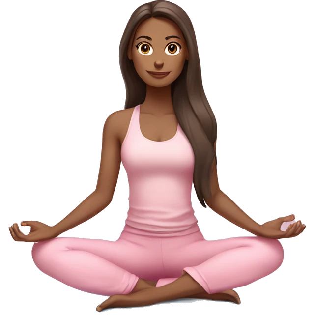 Brunette long hair and blue eyes yoga beautiful girl in light pink pink pink clothes sitting on a yoga mat emoji