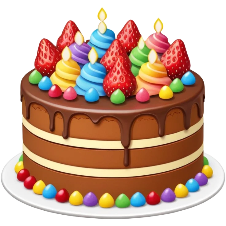 double-layer cake with fudge and strawberry, topped with strawberries and rainbow candy, in a cheerful emoji style emoji