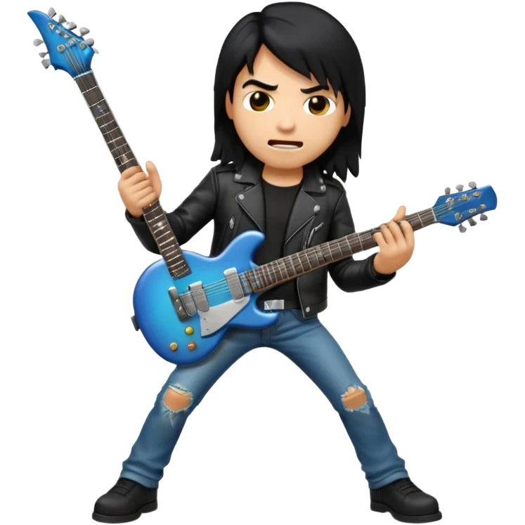3D Apple-style emoji of a metal musician. Long hair, black leather jacket, ripped jeans, holding an electric guitar. Intense expression, glossy, rounded, smooth, soft shadows, white background.










 emoji