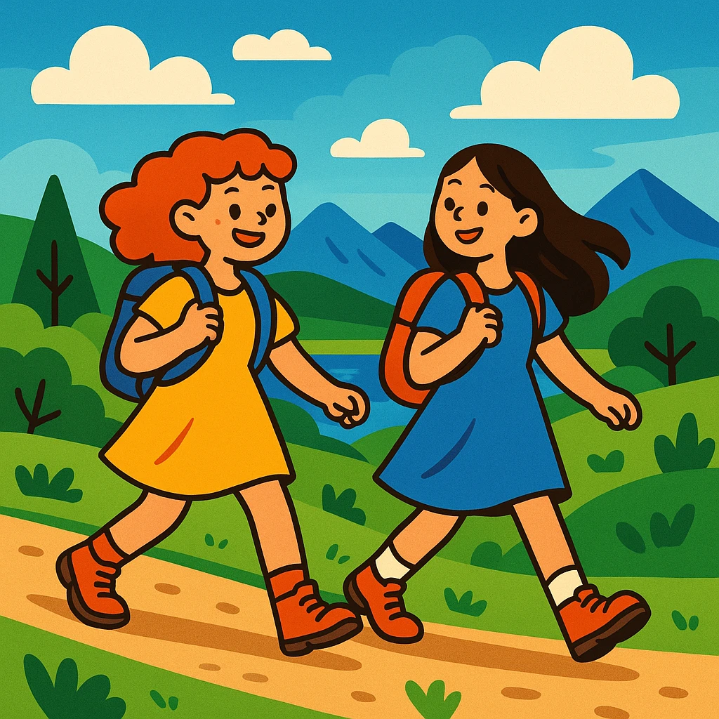 two girls hiking together in dresses, scenic background, playful mood emoji