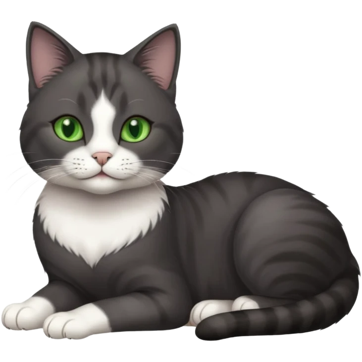 beautiful female solid dark grey cat with green eyes, white toes/paws and white patch on her chest rolling over emoji