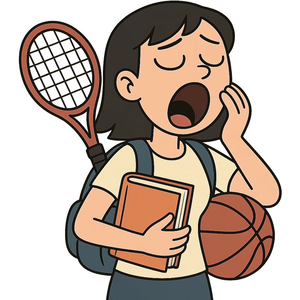 female student with black hair, yawning, holding a book and sports equipment, tired, flat toon style emoji