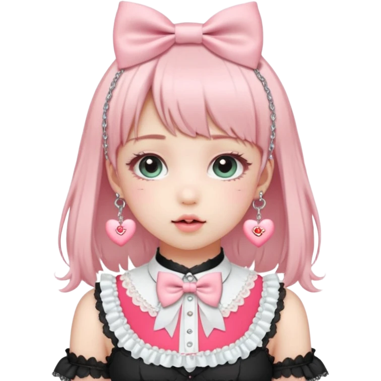 Pastel-baby-rose-pink Lolita-styled aesthetic cute kawaii choker-collar-necklace adorned with with white frills, roses, hearts, bow tie, silver chains,  emoji