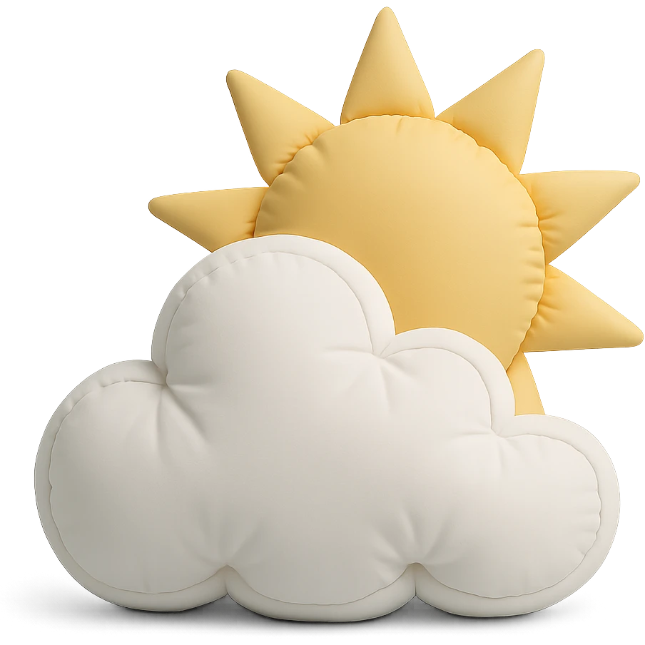 plush cushion cloud with sun rays, partly cloudy weather, soft edges, cushion style emoji