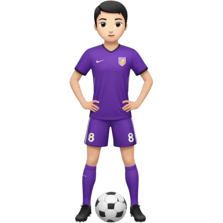 Apple emoji style 21 year old athletic soccer player standing same pose, purple jersey #8, clean gradient background emoji