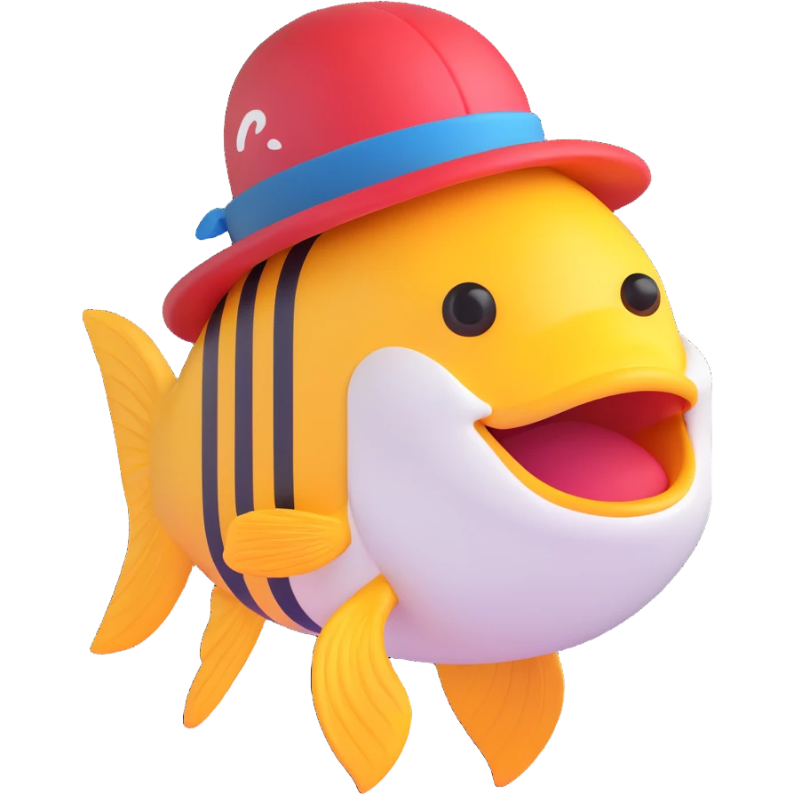 a fish wearing a hat, 3D emoji style emoji
