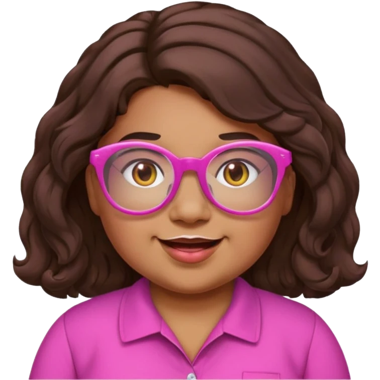 chubby English teacher, cheerful, pink glasses, wavy long dark brown hair, face only, classroom background, emoji style, hint of gamer personality emoji