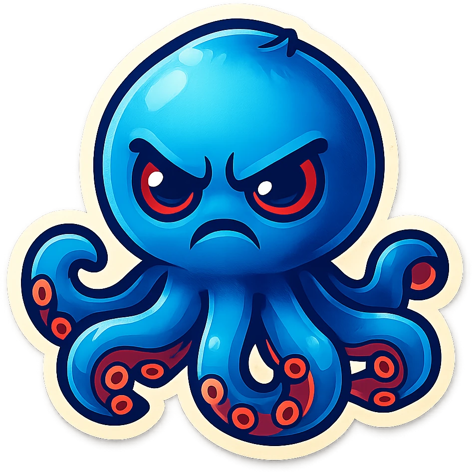 Change the octopus emoji's face to an angry expression, keep the style and pose the same, transparent background. emoji